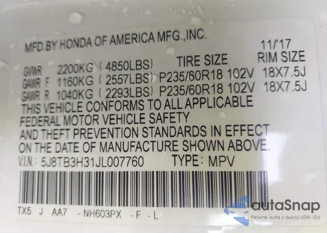 2018 Acura Rdx Acurawatch Plus Package from USA, damaged, VIN 5J8TB3H31JL007760